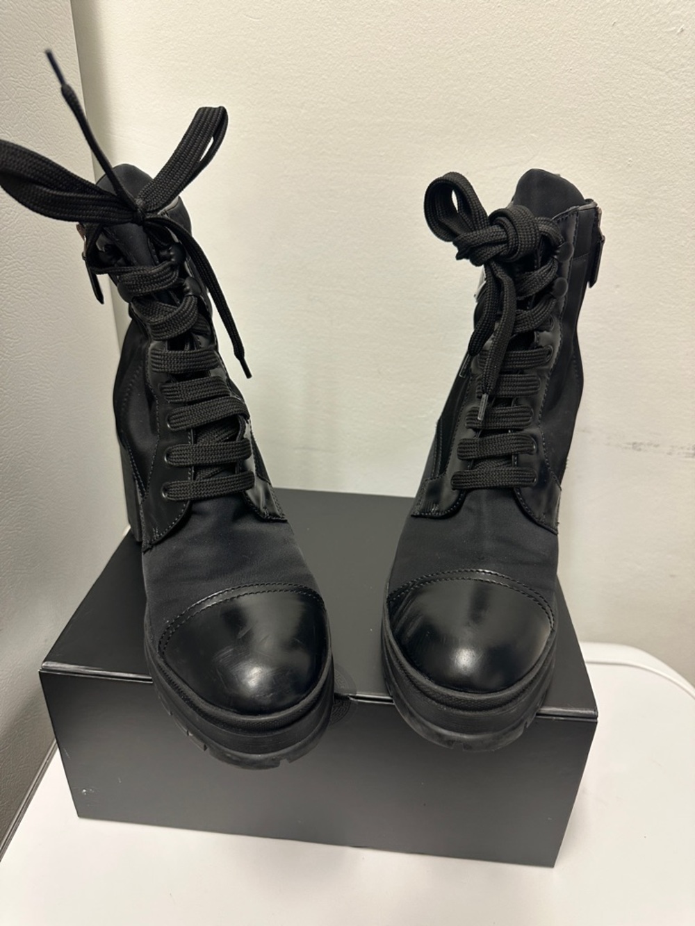 Prada Re-Nylon & Leather Booties Black Lace-Up Platform Ankle Boots, Women (8.5) - Picture 10 of 16